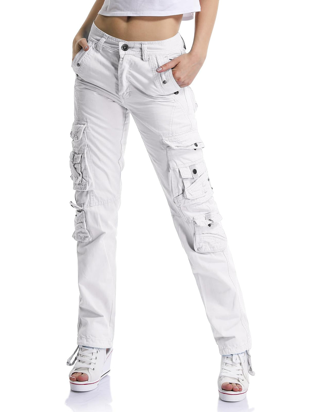 OCHENTA Womens Cotton Casual Cargo Work Pants High Waisted Travel Hiking Baggy Y2K with Multi Pockets White Tag 28 - US 6