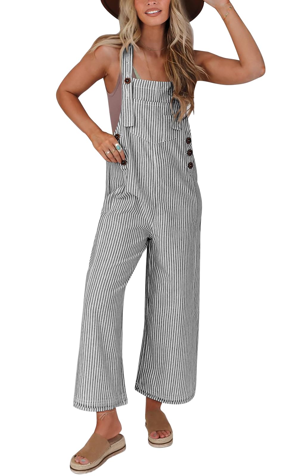 PRETTYGARDEN Womens Overall Jumpsuit 2024 Summer Casual Wide Leg Strap Striped Overalls Suits Trendy Fashion Pockets Romper Clothes (Black StripedL)