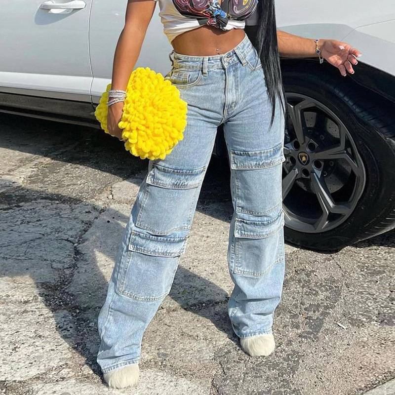 Vintage Wide Leg Denim Cargo Pants for Women